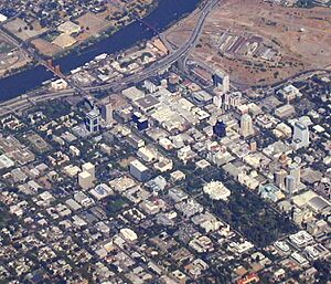 Aerial view of Sacramento (cropped to Capitol Park, Tower Bridge, and Capitol Mall)