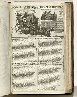 Allegorie op het mislukken van de vredesonderhandelingen te Geertruidenberg, 1710 De Quikzilvere Vrede, van Geertruidenberg gevlucht na Versailles La Paix Argent vif de Geertudenberg (titel op object, RP-P-OB-83.133-94