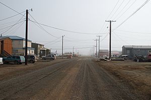 Street view of Utqiagvik in July 2008: This street, like all the others in Utqiagvik, has been left unpaved due to the prevalence of permafrost.