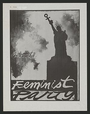 Black and white painting; silhouette of Statue of Liberty holding the Venus symbol; caption says "Feminist Party"