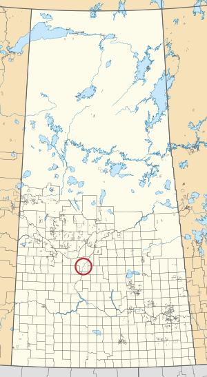 A map of the province of Saskatchewan showing 297 rural municipalities and hundreds of small Indian reserves. One is highlighted with a red circle.