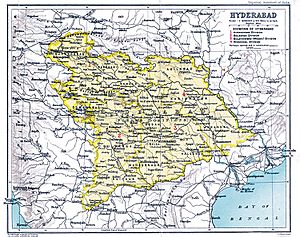 Hyderabad (yellow) and Berar is not shown (not a part of Hyderabad but also Nizam's Dominion) (surrounded by India.)