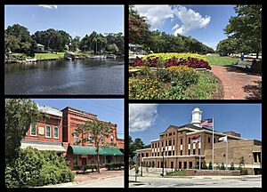 Clockwise from top left: waterfront along New River, LP Willingham Riverfront Park, Court Street, Onslow County Courthouse