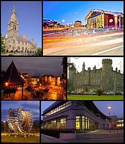 From top, left to right: St Eunan's Cathedral, An Grianán Theatre, the Market Square, St Eunan's College, Polestar Roundabout (also known as the Port Roundabout), Letterkenny Institute of Technology.