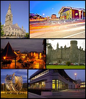 From top, left to right: St Eunan's Cathedral, An Grianán Theatre, the Market Square, St Eunan's College, Polestar Roundabout (also known as the Port Roundabout), Letterkenny Institute of Technology.