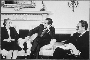 President Nixon, Henry Kissinger and Israeli Prime Minister Golda Meir, meeting in the Oval Office 1973