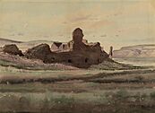 A watercolor painting of a desert pueblo ruin by DeLancey W. Gill.