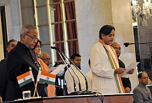 The President, Shri Pranab Mukherjee administering the oath as Minister of State to Dr. Shashi Tharoor, at a Swearing-in Ceremony, at Rashtrapati Bhavan, in New Delhi on October 28, 2012