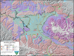 Map showing one of the possible extents (pale green) of ancient Lake Atna