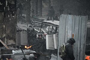 Anti-riot police forces consisting of Internal Troops holding protective position and Berkut special policemen shooting. Kyiv, Ukraine. Jan 22, 2014