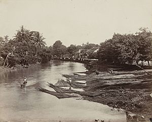 Houtverwerking op de rivier, anoniem, 1850 - 1890 - Rijksmuseum crop
