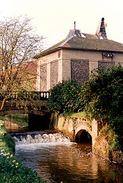 Letheringsett Brewery Watermill cascade in 1998 (photo Margaret Bird).jpg