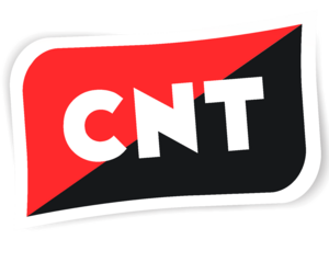Logo of the CNT, featuring the red-and-black diagonal flag with the letters C.N.T. emblazoned on it