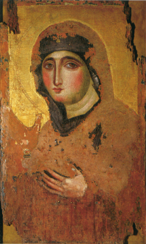 Slightly faded painting of a woman wearing a black veil, staring out of the portrait.  Her hands are raised.  The image is on a gold background.