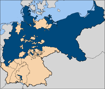 Prussia (blue), at its peak, the leading state of the German Empire