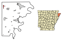 Location of Leachville in Mississippi County, Arkansas.