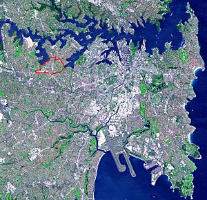 NASA satellite image PIA03498 of Sydney, cropped, and modified to show Five Dockl borders