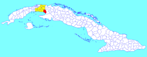 Nueva Paz municipality (red) within  Mayabeque Province (yellow) and Cuba