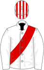 White, red sash, red and white striped cap