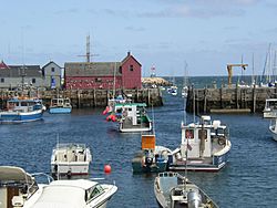 Rockport inner harbor showing lobster fleet and Motif #1 (red building)
