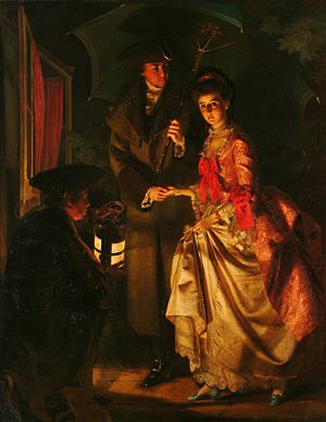 Sheridan assisting Miss Linley, Jerry Barrett (1824–1906)