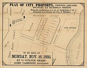 StateLibQld 2 262992 Estate map of property fronting Adelaide, Boundary and Macrossan Streets, Brisbane, Queensland, 1885
