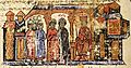 The mother of the Russian sovereign Svjatoslav, Olga along with her escort from the Chronicle of John Skylitzes