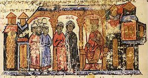 The mother of the Russian sovereign Svjatoslav, Olga along with her escort from the Chronicle of John Skylitzes