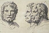 Trois têtes d'hommes en relation avec le lion