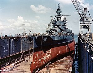 USS Pennsylvania (BB-38) drydocked in an Advanced Base Sectional Dock at the Pacific c1944