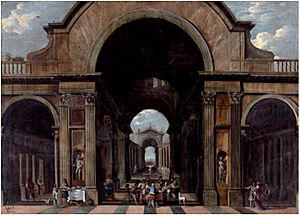 Vicente Giner - Interior of a basilica with musicians in concert around a table