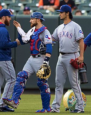 Yu Darvish and Jonathan Lucroy on August 2, 2016