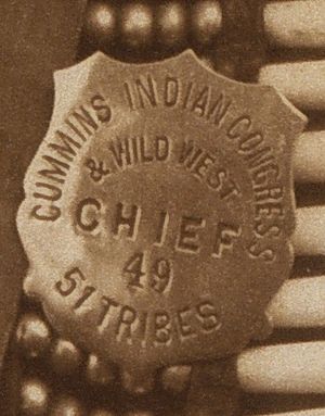 "CUMMINS INDIAN CONGRESS & WILD WEST" "51 TRIBES" "CHIEF 49"- Badges of the United States detail, from- Chief Red Star - 2. (Cummin's Indian Congress and Wild West Show). (Taken during the 1904 World's Fair) (cropped)