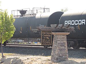 A train sits behind the Old Town Cordelia sign in Cordelia, California