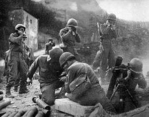 American mortar crew in action near the Rhine, 1945