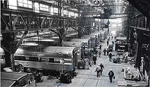 Amtrak cars undergoing HEP conversion at Beech Grove, 1980