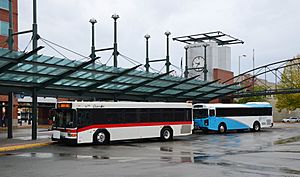 Cherriots Gillig and Blue Bird buses in old and new paint schemes at Downtown TC in 2018