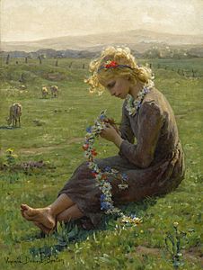 Fillette à la guirlande de fleurs des champs by Virginie Demont-Breton