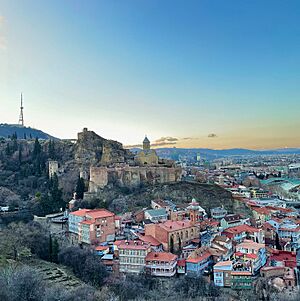Fortress and Old Town of Tbilisi at dusk, Tbilisi, Georgia