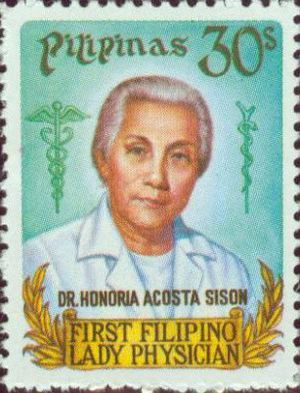 Photograph of colour postage stamp showing likeness of Dr Honoria Acosta Sison.