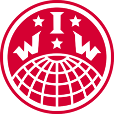 Globe logo with the letters I.W.W. separated by three stars. Encircled by the name, "Industrial Workers of the World."