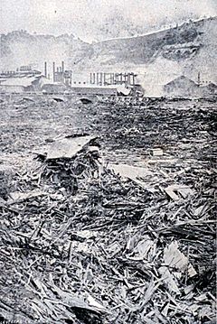 Debris litters and completely covers the ground above a Pennsylvania Railroad bridge. A small bridge and several mills and smokestacks are viewable in the distance.