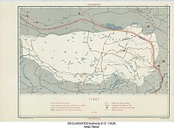 Map of Tibet- "TIBET CONFIDENTIAL" "Ethnographic Boundary of Tibet" "Approximate Line of Communist Advance" and "Reportedly occupied by Communists" "11518, CIA, 2-50" February 1950 map- 305945 11518 01
