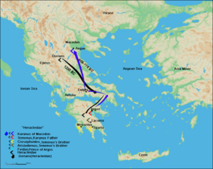 Route of Karanos to establish his own kingdom