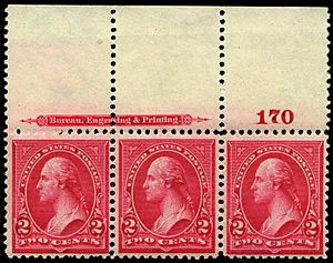 Stamp US 1895 2c type 3 plate strip