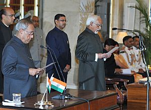 The President, Shri Pranab Mukherjee administering the oath of Office of the Vice President to Shri Mohd. Hamid Ansari at a Swearing-in-Ceremony at Rashtrapati Bhavan, in New Delhi on August 11, 2012