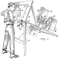 Side view sketch of a man standing as he draws on a transparent easel onto which a movie projector throws an image of a film frame from the rear. The sketch is annotated with numbers from 14 to 29, and carries the title "Fig 3".