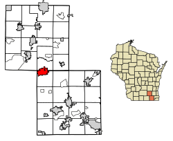 Location of Whitewater in Walworth County and Jefferson County, Wisconsin.