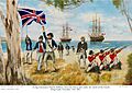 Acting Lieutenant Charles Robbins raises the Union Jack under the watch of the French - King Island, December 14th 1802