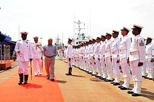 Defence Secretary RK Mathur inspects the Guard of Honour at the commisssioning of ICGS Rajveer